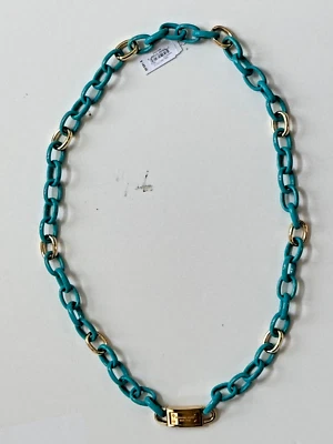 Michael Kors 32" Long Chain Turquoise Necklace Modern Mix Logo Plaque $145 New - Image 1 of 4