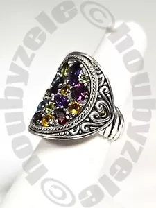 Sterling Silver 18k Gold Multi Gemstone Saddle Ring Sz 6.25 - Picture 1 of 11