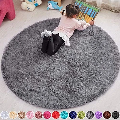  4x4 Area Rug Round Rug Circle Rugs for Kids Bedroom Fluffy 4' x 4' Grey - Image 1 of 4