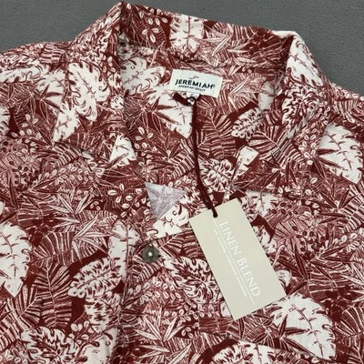 NWT Jeremiah Burgundy Monstera Leaf Print Linen Viscose Button Down Camp Shirt L - Image 1 of 4