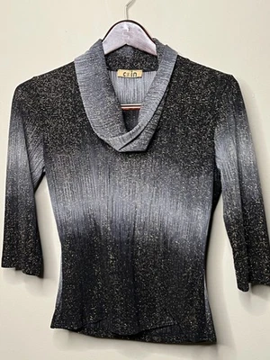 Blusa brillante dorada con cuello capucha metálica vintage para mujer. Blusa Nochevieja. M Foto 1 de 2