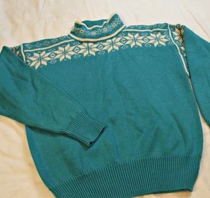 SWEET Meister Vintage Damen angedeuteter Rollkragen Ski Pullover türkis Schneeflocken Wolle Bld Sm - Bild 1 von 7