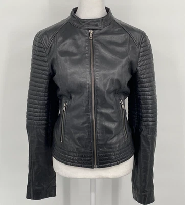 Hugo Boss Jacket Womens Extra Small Black Lamb Leather Moto Biker Quilted Zip XS - Image 1 of 4