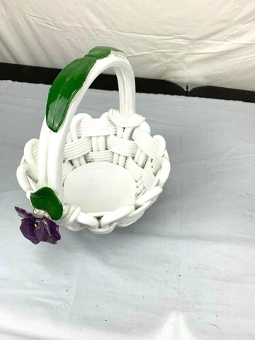 Vintage handmade woven clay basket handle flower white Cover