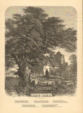 Deus está Acre, por Samuel ler. Poema, Igreja, Cemitério, Vintage 1876 Antiga impressão.