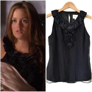 Milly of New York schwarze ärmellose Seidenbluse mit Rosette und Rüschen Größe 8 - Bild 1 von 11