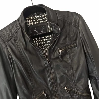 Chaqueta Bod & Christensen Café Racer de Cuero Negra Cremalleras Forrada para Mujer Talla S Foto 1 de 4