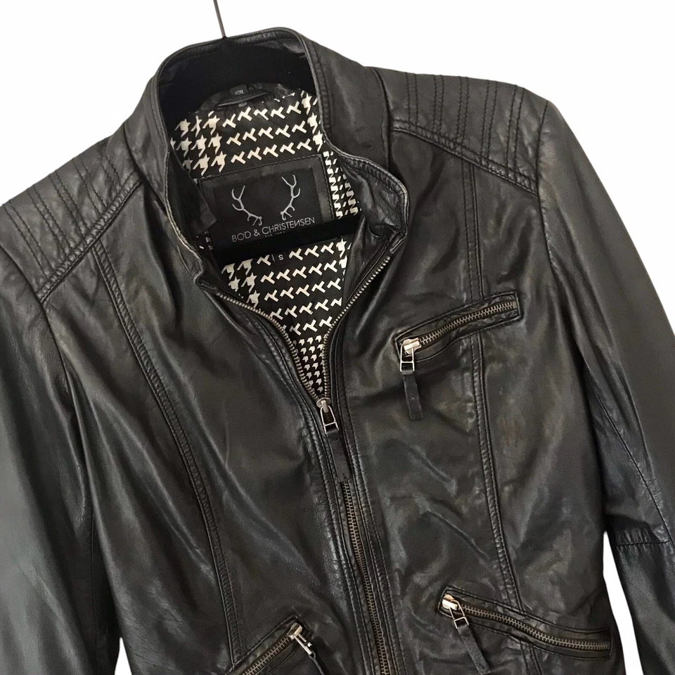 Bod & Christensen Black Leather Cafe Racer Jacket Zippers Lined Women’s Sz S - Image 1 of 4