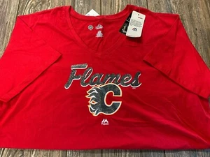 NWT Womens Calgary Flames Bright Red Short Sleeve V-Neck Logo Shirt Size 1X - Picture 1 of 3