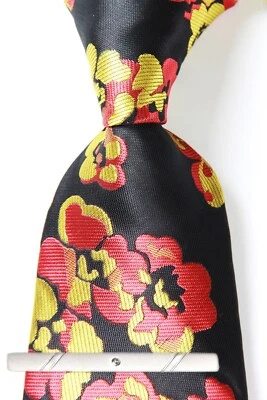 Nueva corbata clásica floral negra amarilla roja tejido jacquard 100 % seda para hombre Foto 1 de 4