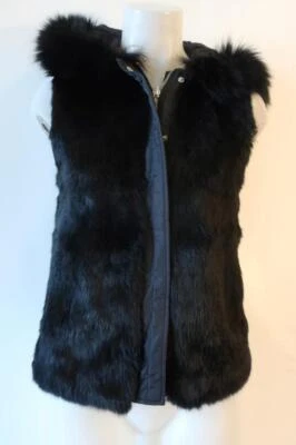 Chaleco de piel de conejo teñido de nailon reversible con capucha negro June para mujer S Foto 1 de 4