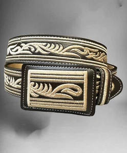 Cinto Rodeo Charro Estilo Piteado de piel Men’s Western Cowboy Belt embroidered - Picture 1 of 3