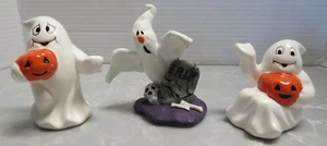 Lot of 3 Halloween Ghosts Figurines 2 Vintage Ceramic Smiling Ghosts w Pumpkins - Picture 1 of 6