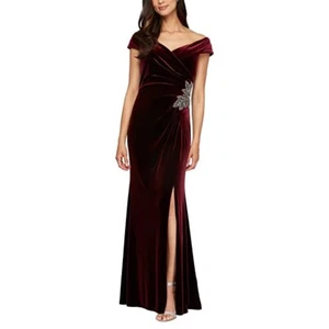 Alex Evenings L39305 Womens Wine Velvet Off-the-Shoulder Evening Dress Size 10 - Picture 1 of 6