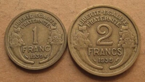 France 1939 1 and 2 Francs Coins in VF-EF Condition - Liberte Egalite Fraternite - Picture 1 of 2