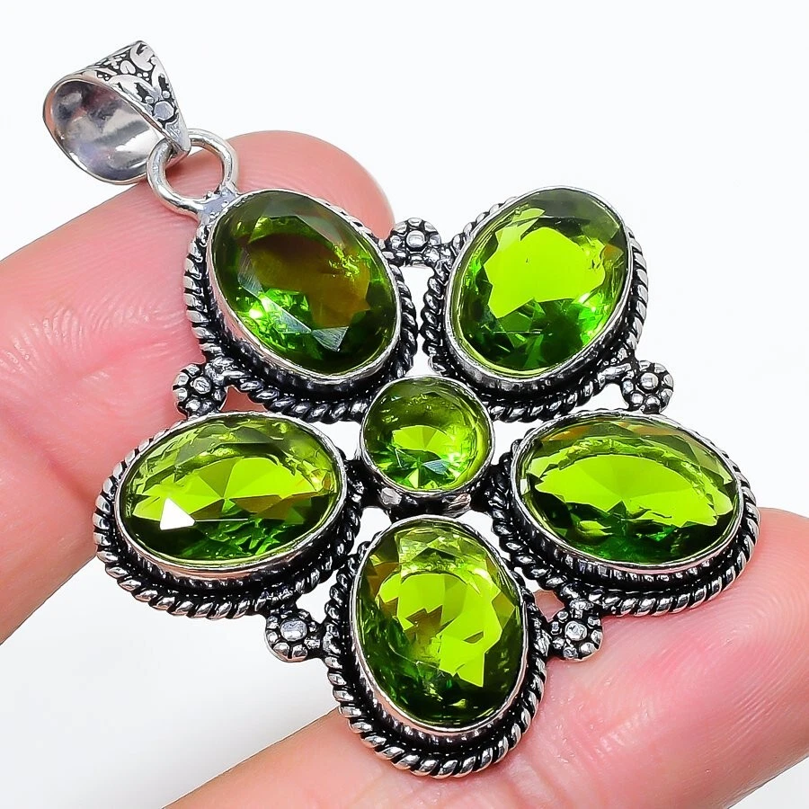 Green Peridot Gemstone Handmade 925 Sterling Silver Jewelry Pendant Size 2.5" - Image 1 of 1