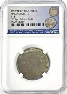 1652 SILVER OAK TREE 1 SHILLING "IN" BOTTOM MASSACHUSETTS NGC FINE 15 NOE 12 - Picture 1 of 4