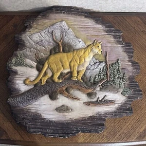 Vintage Hand Painted Wildlife Mountain Lion / Wall Art 3D CeramicPlaque - Picture 1 of 5