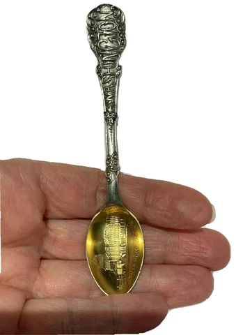 Antique Sterling Silver Spoon Washington DC Capitol Signed Scroll Beading Ornate Cover