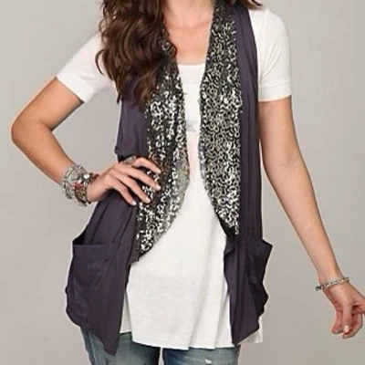 Chaleco Free People Mujer M Largo Violeta Dorado Lentejuelas Abierto Fairycore Hada Mágica Foto 1 de 4