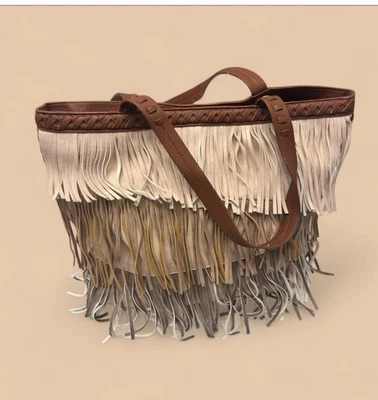 Cartera de hombro boho retro con flecos hippie de PVC con tacto de gamuza marrón para damas 13x16 Foto 1 de 4