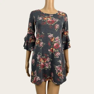 Insta Girl Size LARGE 14 16 Gray Floral Ruffle Sleeve Casual Knit Dress XS - Picture 1 of 7