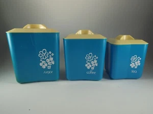 Vintage Kunststoff Kanister blau/gelb Zucker Kaffee Tee Blumen MCM - Bild 1 von 14