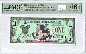 1999 PMG 66 Disney / Disneyland Dollars $1 Bill- Mickey Sleeping Beauty's Castle - Picture 1 of 2