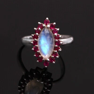 Rainbow Moonstone Marquise Ruby Cluster Halo Ring 925 Sterling Silver Vintage  - Image 1 of 3