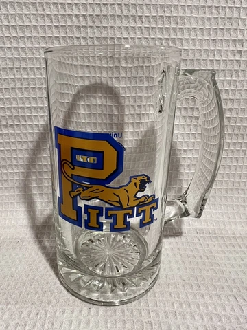 Univ. Of Pittsburgh-PITT Panthers-Clear Glass/Blue & Yellow Mascot-Col. Beer Mug Cover