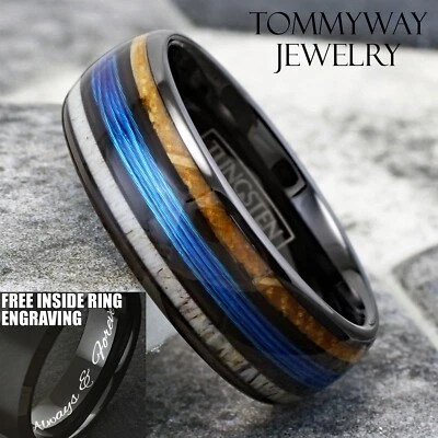 Anillo de carburo de tungsteno negro grabado personalizado línea de pesca-banda de madera y cuerno de ciervo Foto 1 de 4