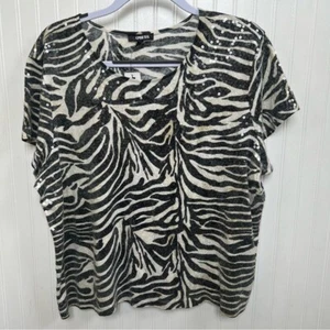 Express Black & White Zebra Stripe All Over Sequin Short Sleeve Blouse XL NEW - Picture 1 of 6