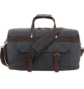 Herren Reise Seesack Wasserdicht Canvas Echtleder Wochenendtasche Groß Grau - Bild 1 von 11