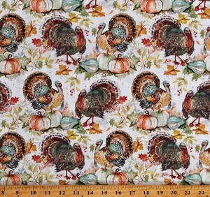 Cotton Turkeys and Pumpkins Thanksgiving Autumn Fabric Print by the Yard D514.49 - Picture 1 of 1