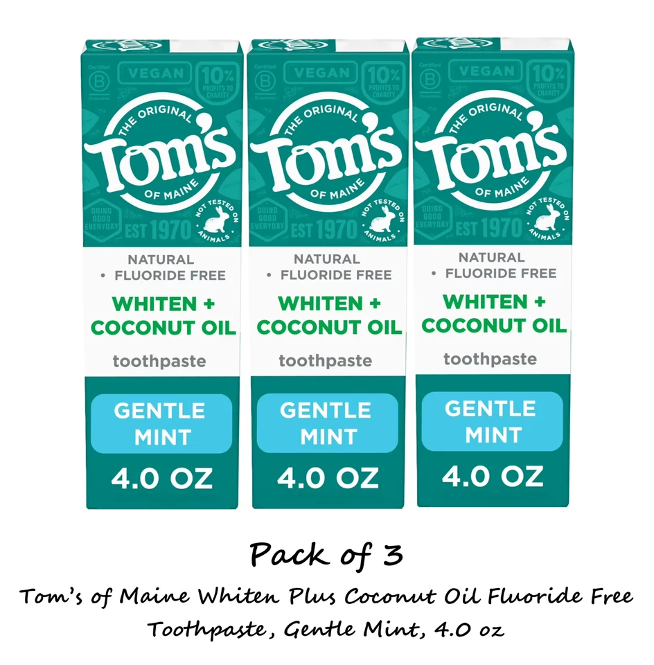 3 x Tom’s of Maine Whiten Plus Coconut Oil Fluoride Free Toothpaste, Gentle Mint - Image 1 of 1