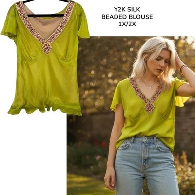 Y2K 2000 DE COLECCIÓN ECI NUEVA YORK VIBRANTE CHARTREUSE TOP SEDA VERDE 1X/2X Foto 1 de 4