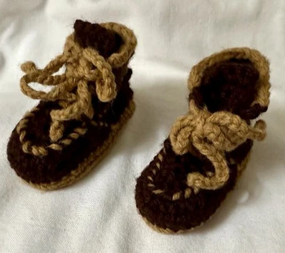 VTG Handmade Crochet Sz Newborn Baby Boy Boots / Shoe Booties Brown Lace UpBoots - Image 1 of 4