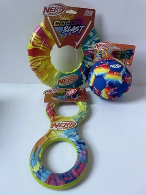 Paquete - Nerf Perro Color Explosión Goma Tuff Tug, Flyer, Chirrido y Bola de Rebote - Nuevo Foto 1 de 4