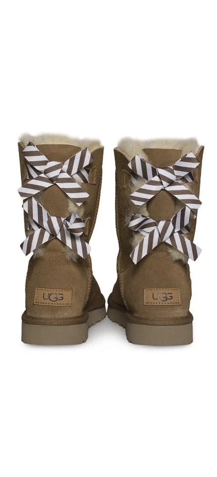 UGG BAILEY BOW II DIAGONAL STRIPES CHESTNUT SUEDE SHEEPSKIN WOMEN'S BOOTS SIZE 7 - Image 1 of 4