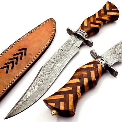 Handmade Damascus Bowie Knife Sharp Blade Wood Handle With Leather Sheath 15inch - image 1 of 4