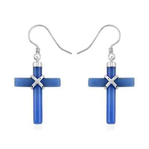 STUNNING!! Blue Jade (D) Cross Earrings Platinum Plated Sterling 13.00ctw - Picture 1 of 5