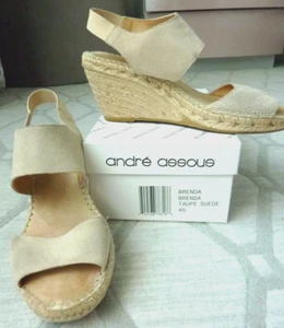 $159 Andre Assous Brenda Suede Espadrille Wedges Sandals Taupe Beige EU 40 US 10 - Picture 1 of 14