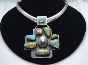 Collar Colgante GRAN CRUZ SUROESTE PERLA TURQUESA MOBE Plata Esterlina De Colección - Imagen 1 de 19