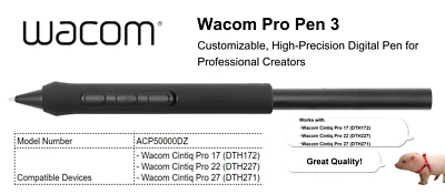 Wacom Pro Pen 3: art stylus Digital art Pen works for Cintiq Pro 17, 22,27 - Image 1 of 4