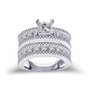 Handmade 3CT Princess Cut Ring With Round Brilliant Pave Set Diamond Band Size 4 - Picture 1 of 6