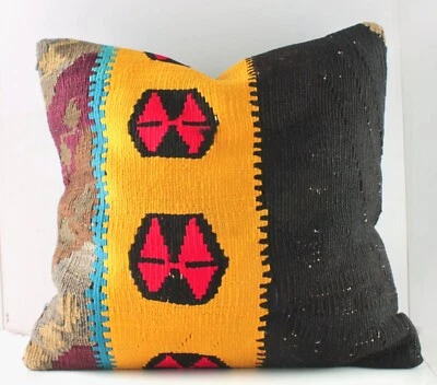 Funda de Almohada Kilim Turco Decorativa Hecha a Mano 16x16 Amarillo Negro Almohada Kilim Foto 1 de 4