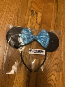 Disney Parks Minnie Mouse Classic Blue Bow Black Ears Sequin Headband HANDMADE - Picture 1 of 3