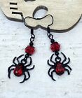 Pair Black Spider Earrings Red Rhinestone Novelty Halloween Horror Creepy Goth