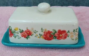 Pioneer Woman Butter Dish Covered Stoneware - Peacock Blue Wild Rose - Picture 1 of 8