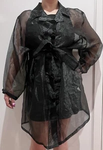 OVERSIZED VINTAGE CHIFFON METALLIC SHIRT DRESS BLACK WITH BELT - Picture 1 of 10